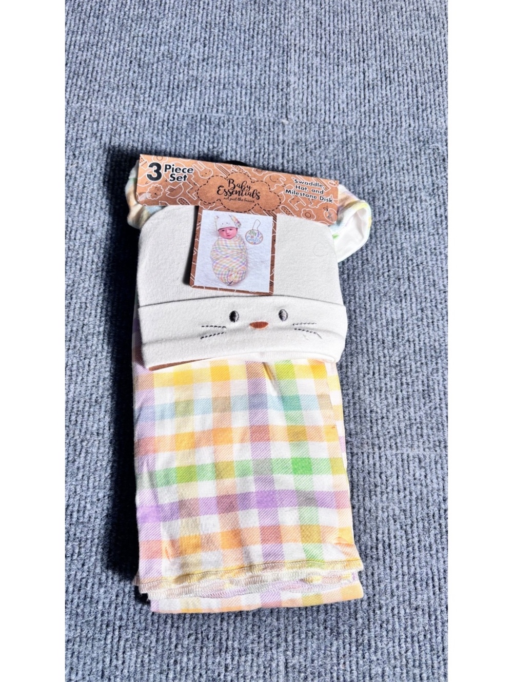 Baby Essentials 3-Piece Set: Swaddle, Hat, and Milestone Disk with Pastel Plaid